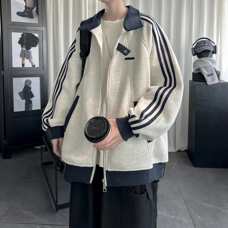 三条杠翻领开衫卫衣男秋季新款宽松休闲运动外套潮牌大码拉链上衣