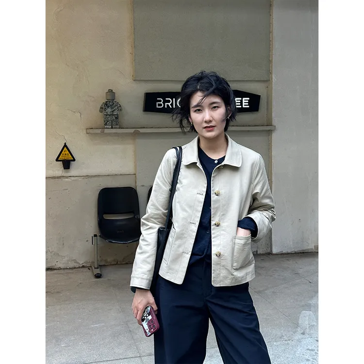 LANGQING 日系短款秋装简约休闲翻领夹克外套42534#