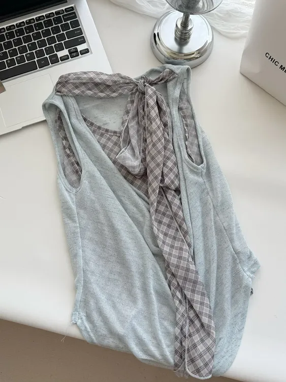 LUCKYMAN设计慵懒风格纹辣妹荡领假两件无袖露肩上衣短袖T恤女