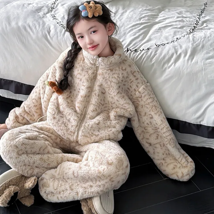 女童加厚家居服冬季2025新款女大童双面绒保暖套装儿童法兰绒睡衣