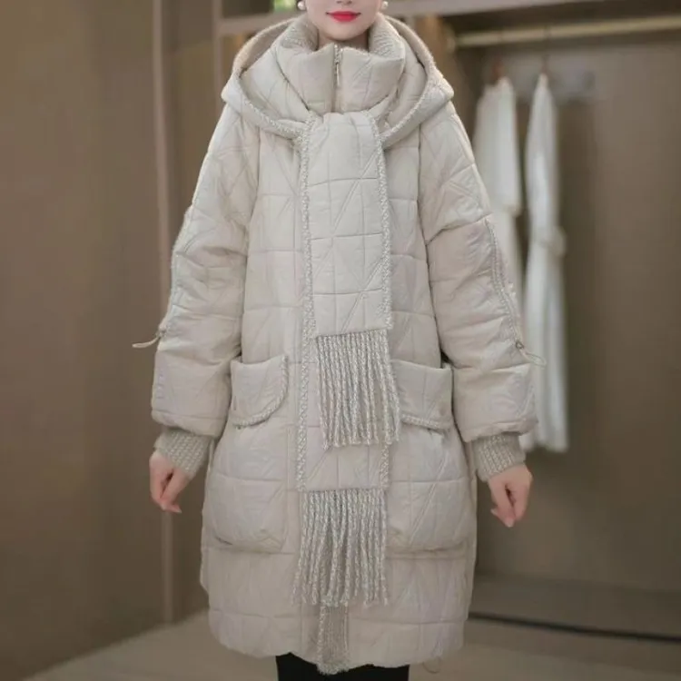 温柔系花纱连帽棉服女款2025秋冬实穿款型日常通勤个性保暖舒适