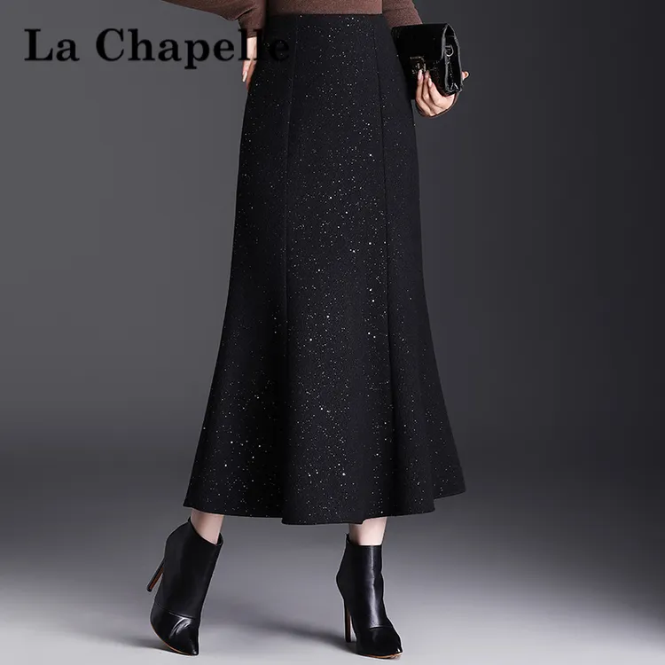 拉夏贝尔小香风鱼尾半身裙女秋冬加厚冬裙一步裙中长款荷叶边长裙