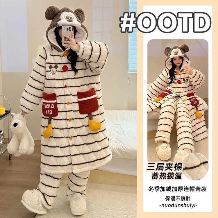 2025年睡袍女款秋冬款珊瑚绒三层夹棉加绒加厚保暖舒适家居服外穿