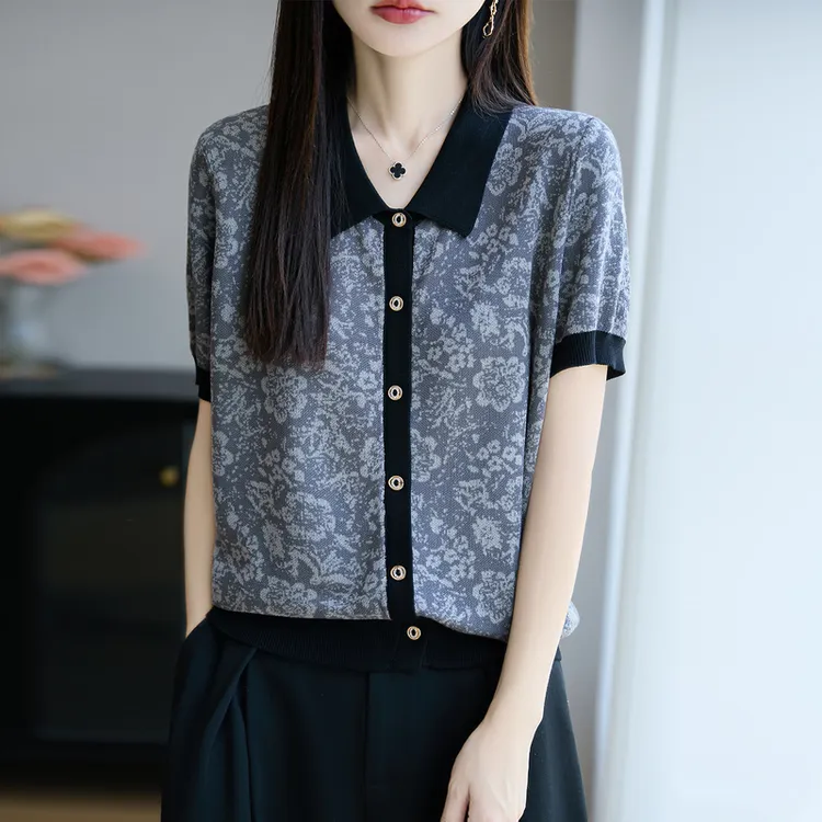 品牌女装时尚天丝短袖T恤女夏季薄款翻领减龄针织衫薄款大码上衣