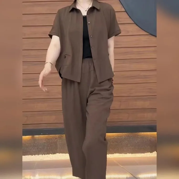 2025夏季时尚气质套装女宽松洋气短袖衬衫中年妈妈爆款两件套
