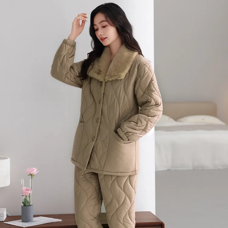睡衣女冬季羽绒夹棉袄三层加厚加绒保暖毛绒翻领家居服套装可外穿