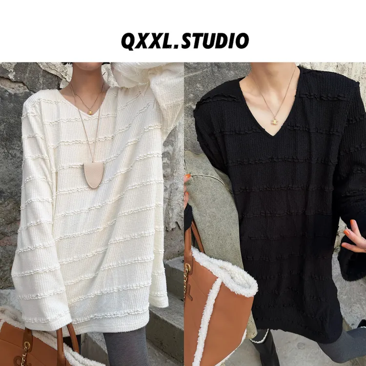 邱小小丽呀 冬季新款V领小花边加绒针织T恤百搭显瘦保暖套头上衣