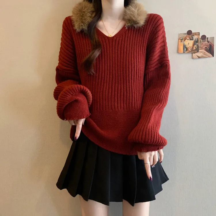 高级毛领红色毛衣针织衫女装冬季2025新款大码胖mm宽松毛线衣上衣