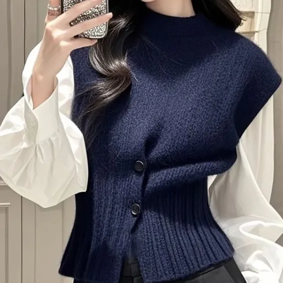 藏蓝色小香风针织马甲女秋冬叠穿高级感气质洋气毛衣背心马夹