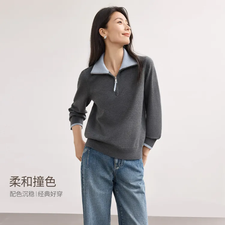 IHIMI/海谧撞色显瘦套头针织衫2025秋女柔软亲肤半拉链百搭针织衫