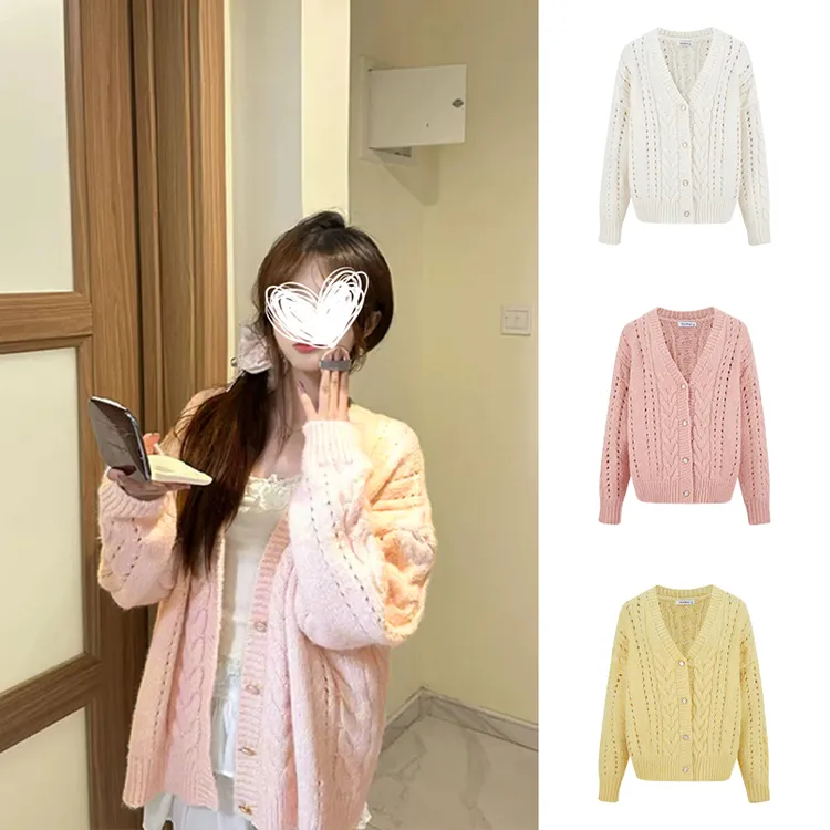 Moses Queen/魔西女王粉色v领毛衣开衫外套女秋宽松麻花针织上衣