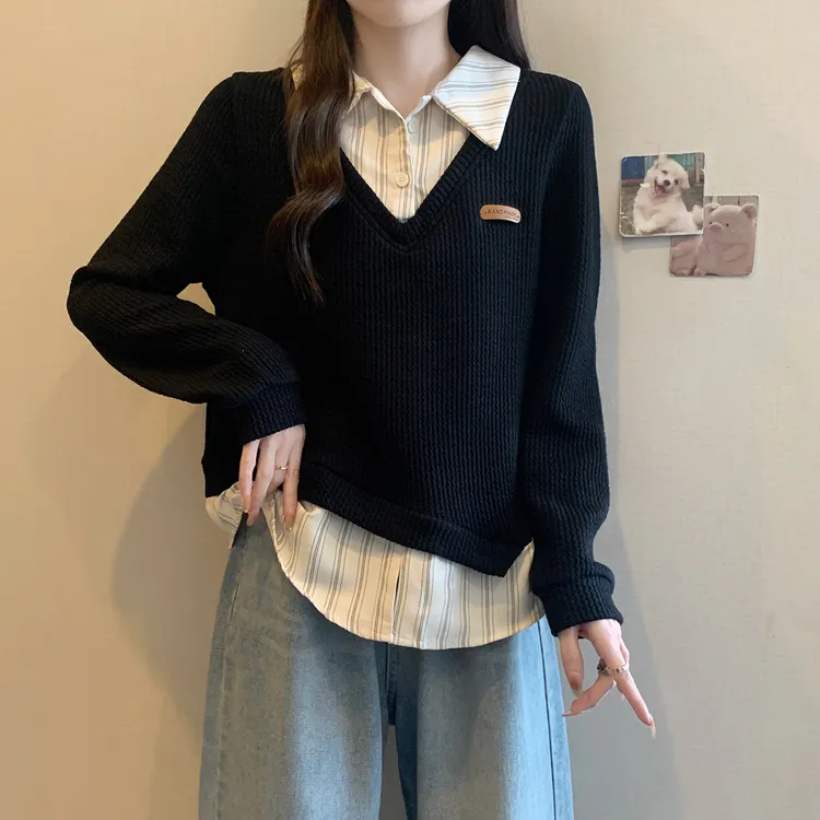 大码假两件不规则条纹衬衫女春季微胖妹妹设计感小众显瘦气质上衣