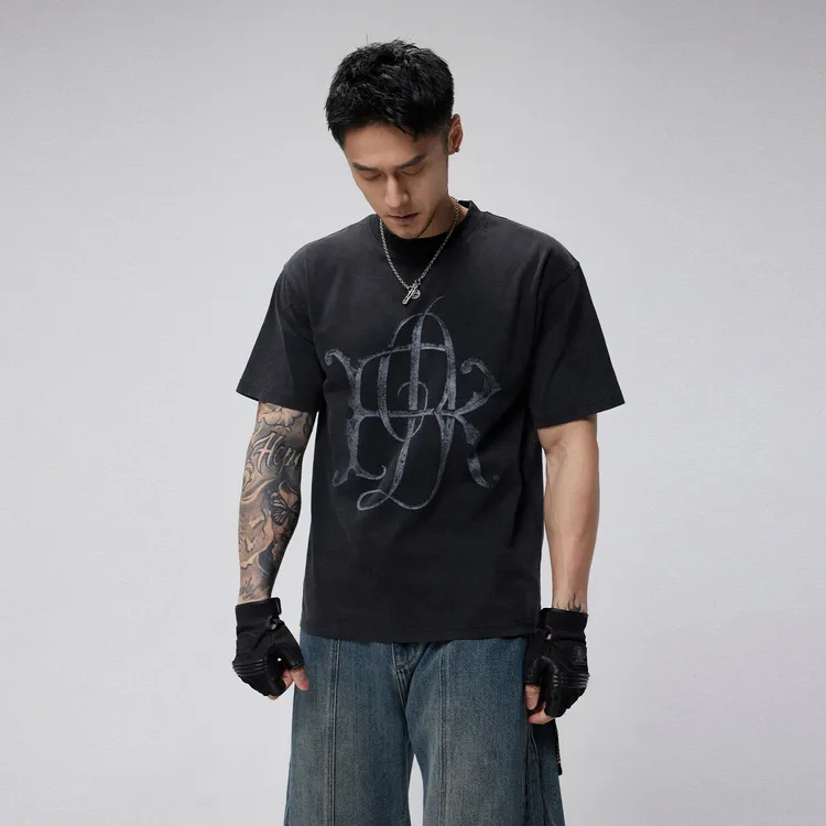 DRK水洗做旧纯棉印花圆领T恤新款夏季复古宽松美式街头纯色潮流