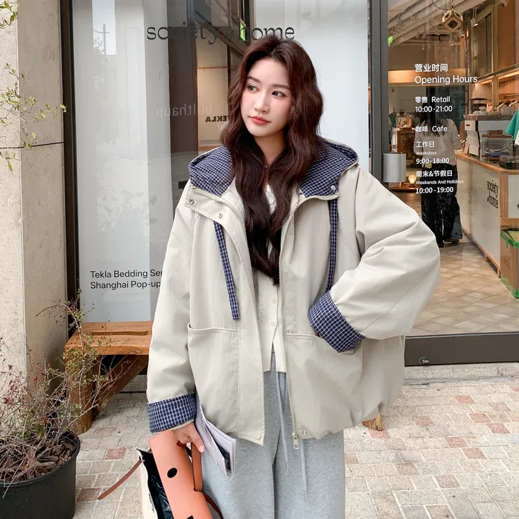 2025冬季新款拼接撞色连帽宽松加绒韩版百搭休闲ol拼色加厚短外套