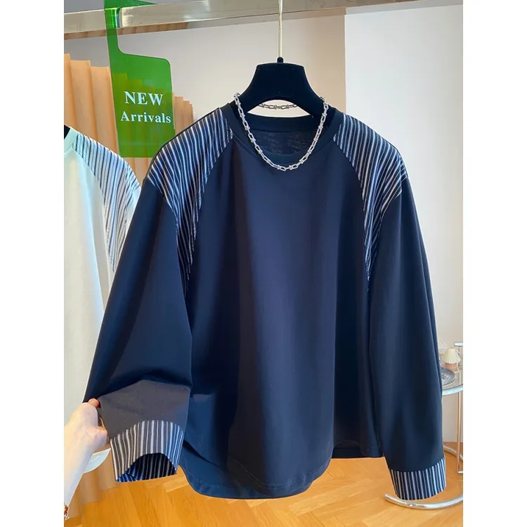 欧货原创设计感条纹拼接t恤女长袖2025新款宽松圆领体恤打底上衣