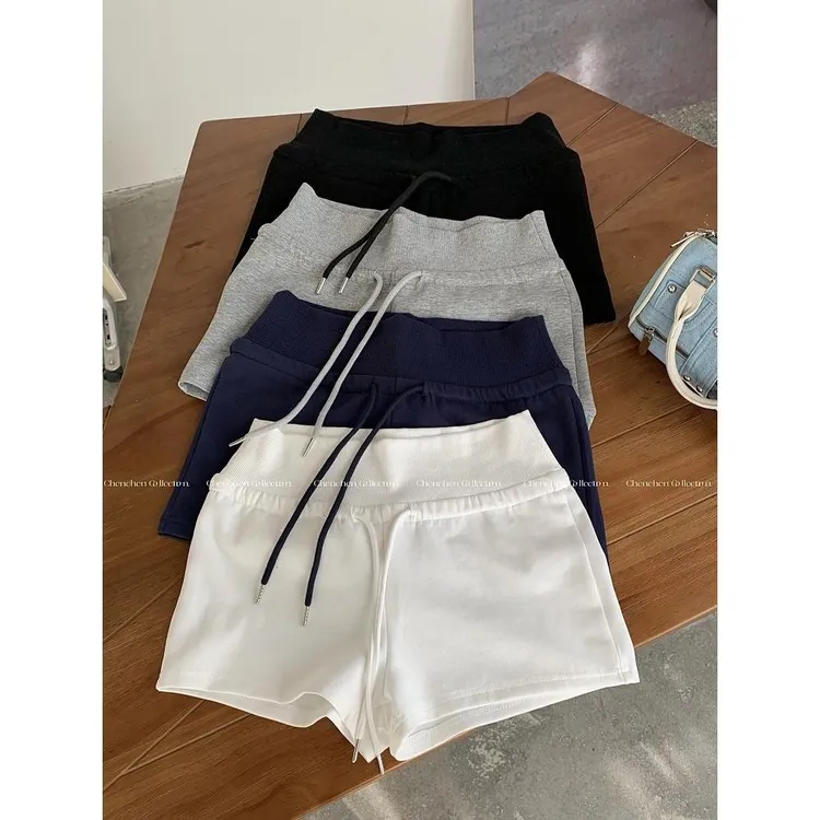 白色抽绳高腰休闲短裤女夏季运动直筒裤子宽松显瘦阔腿裤a字热裤