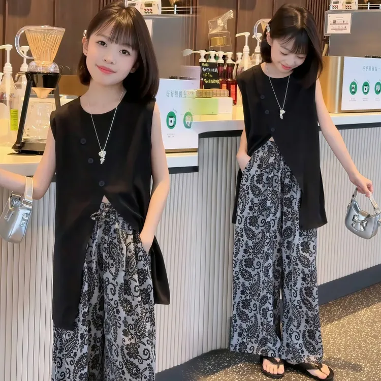 女童夏季无袖套装2025新款慵懒风女大童复古气质时尚阔腿裤两件套
