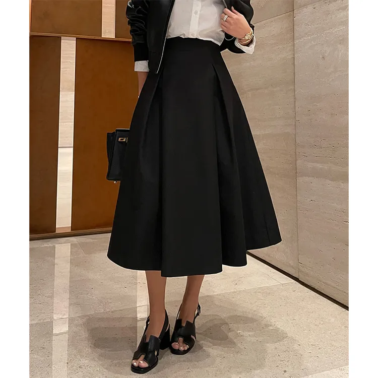 赫本风半身裙小个子女春秋伞裙高腰显大摆百褶裙中长款气质a字裙