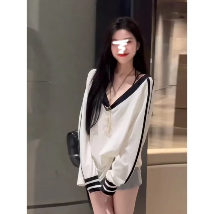 慵懒风V领长袖卫衣女秋冬季新品韩系休闲中长款百搭宽松显瘦上衣