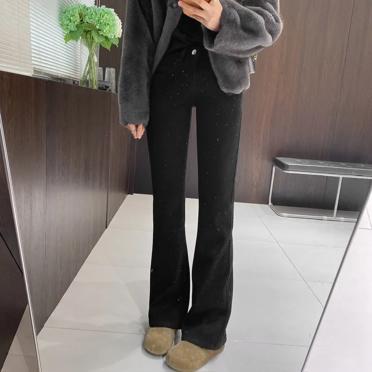 IMFLY金小金自制女装加绒牛仔裤DYK2921冬季亮闪微喇女士新款裤子