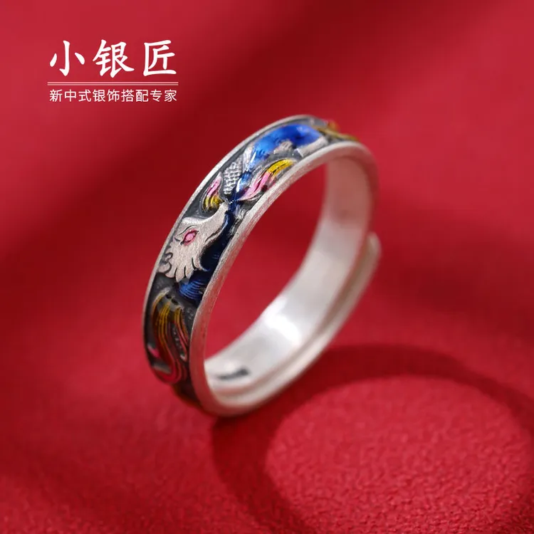 足银戒指 小狐狸景泰蓝戒指女纯银9999九尾狐珐琅彩指环新年礼物