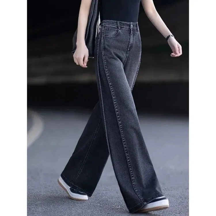 DUELIST牛仔裤女新秋冬加绒裤子今年流行的宽松直筒裤弯刀阔腿裤