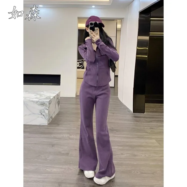 紫色卫衣裤子套装女2025秋冬新款一整套穿搭高级感休闲气质两件套