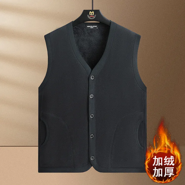 爸爸装加绒加厚马甲秋冬季男士保暖背心中老年无袖坎肩内搭上衣服