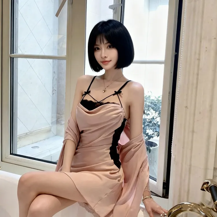 夏季薄款冰丝荡领法式美背简约性感女吊带睡裙家居服