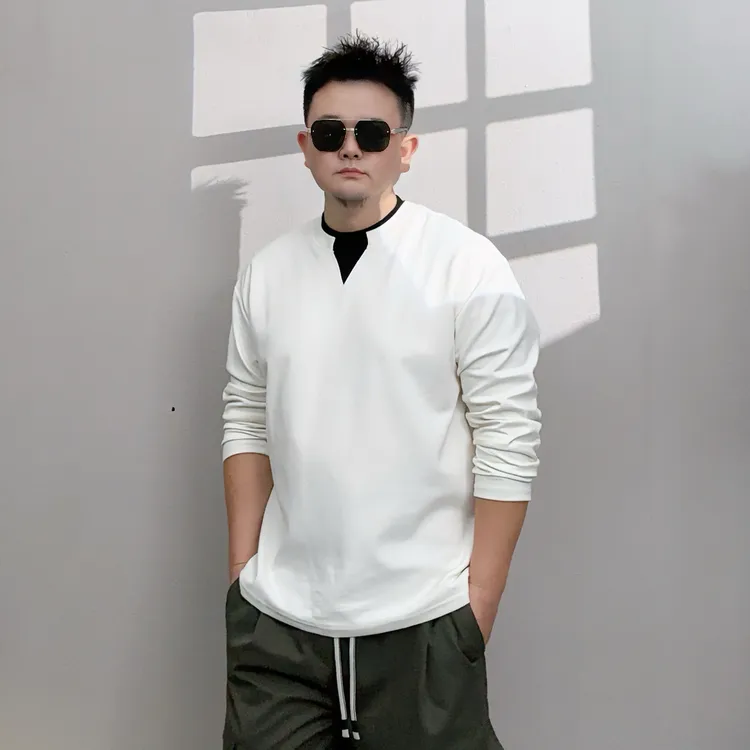 春秋新款假两件卫衣拼色复古男士打底衫潮牌男装宽松休闲内搭上衣