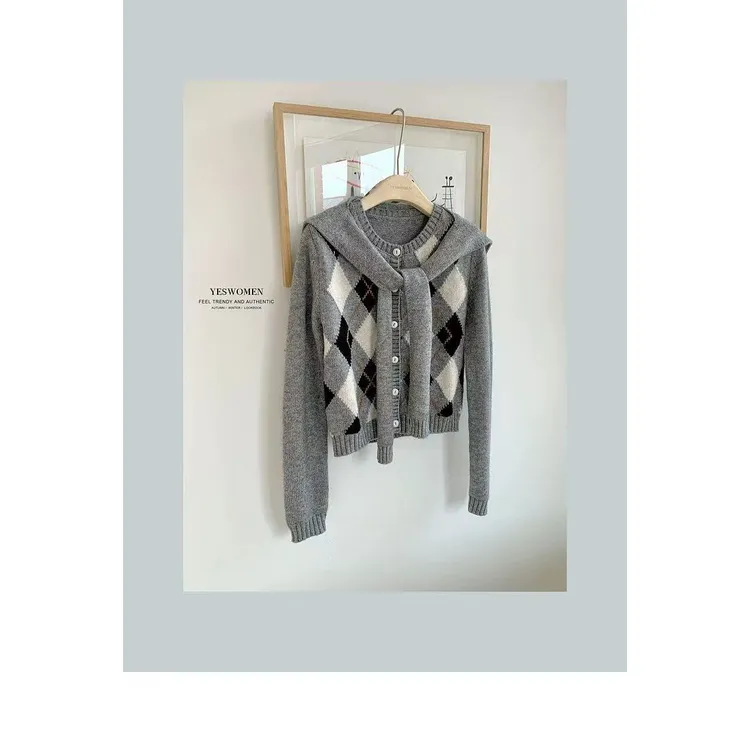 ueelook英伦腔调·秋季新款长袖菱格秋冬披肩毛衣针织开衫外套女