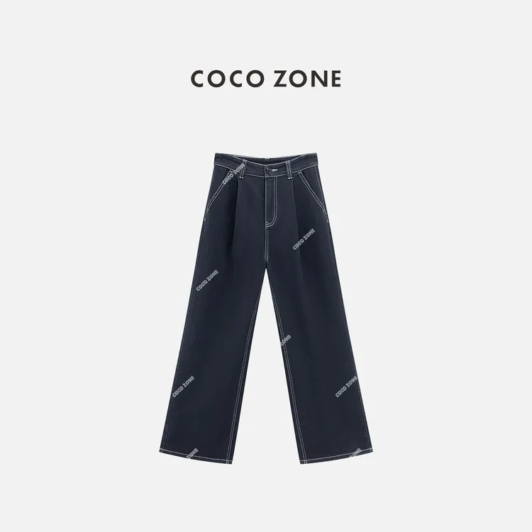 COCO ZONE 刘一一设计感明线百搭牛仔裤显瘦水洗直筒裤CC1C1583