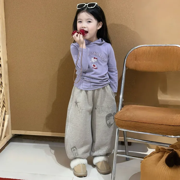 女童卡通印花休闲加厚卫裤2025秋季新款女宝韩版可爱连帽卫衣套装