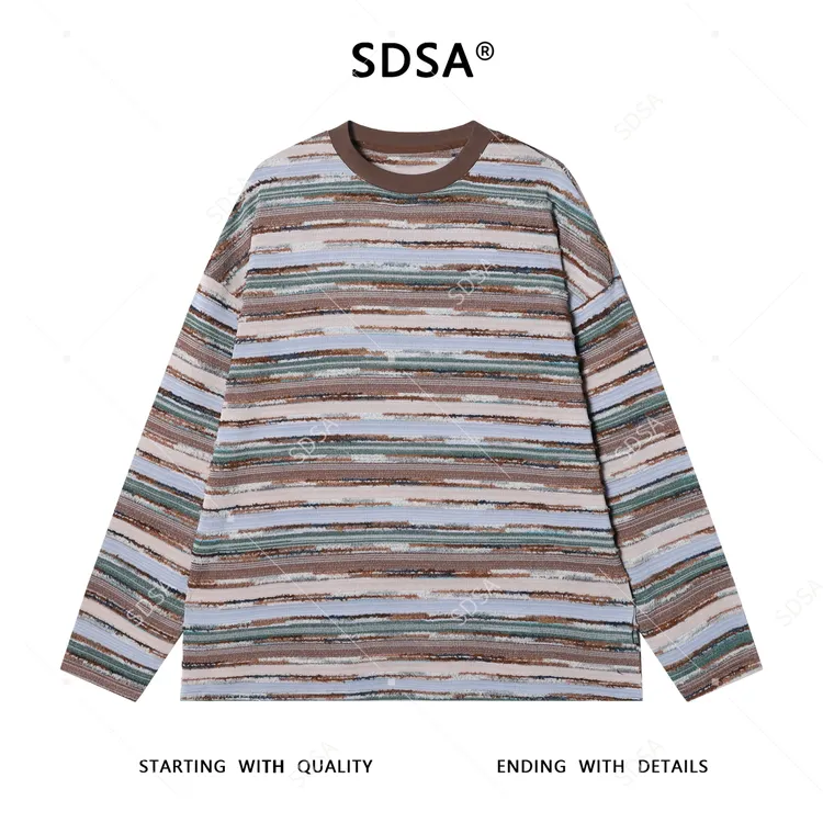 SDSA男士秋冬新款痞帅男装韩版撞色流苏条纹圆领长袖T恤宽松重工