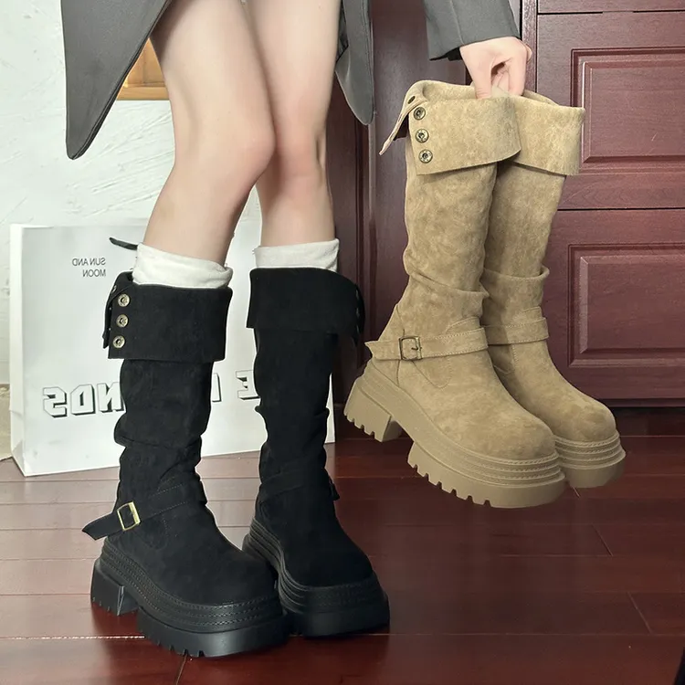 小个子厚底骑士靴女2025新款翻折两穿时装靴一脚蹬套筒靴瘦瘦靴潮