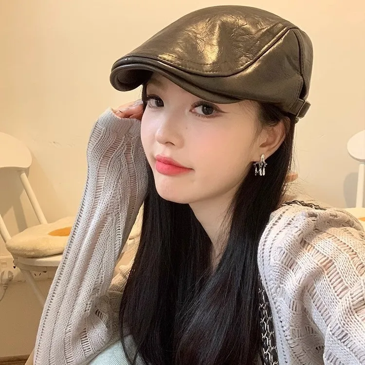 美式复古PU皮质反戴前进帽女夏季百搭辣妹个性小众显脸小贝雷