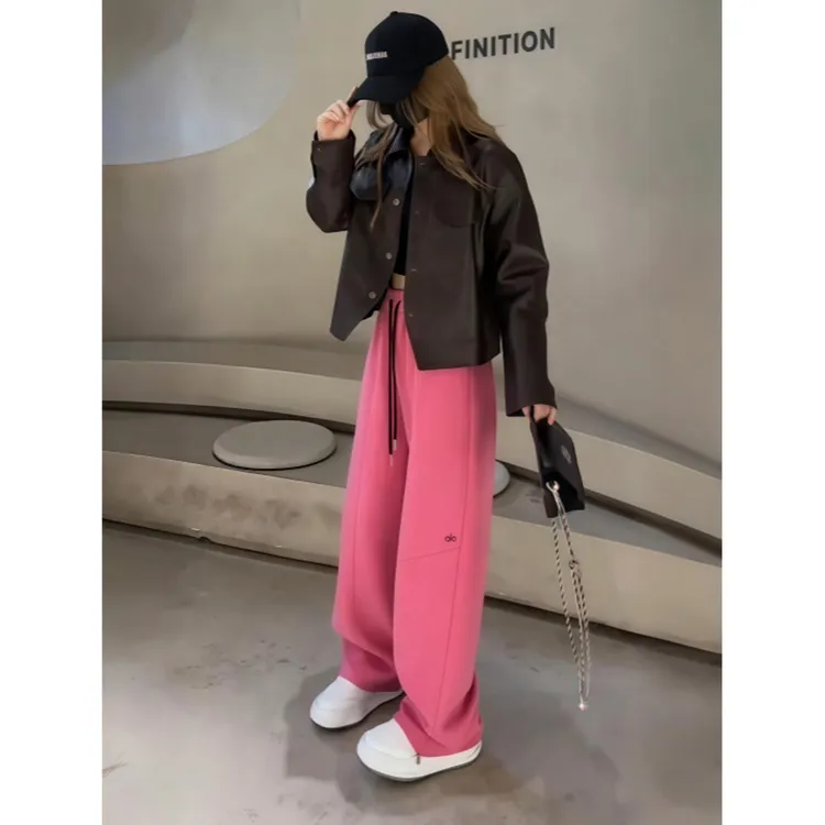 玫红色休闲裤休闲风百搭直筒宽松阔腿裤刺绣冬季高腰宽松显瘦秋季