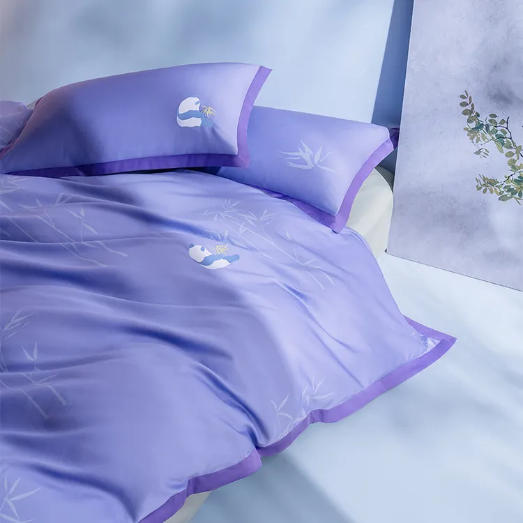 CCCHI竹笑年年60支纯棉贡缎刺绣新中式熊猫四件套螺紫竹