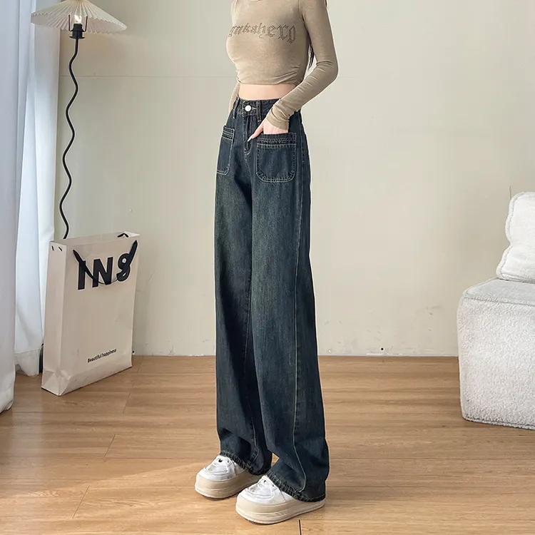 水泥灰牛仔裤女加绒长裤秋冬季小个子高腰窄版直筒阔腿拖地裤子