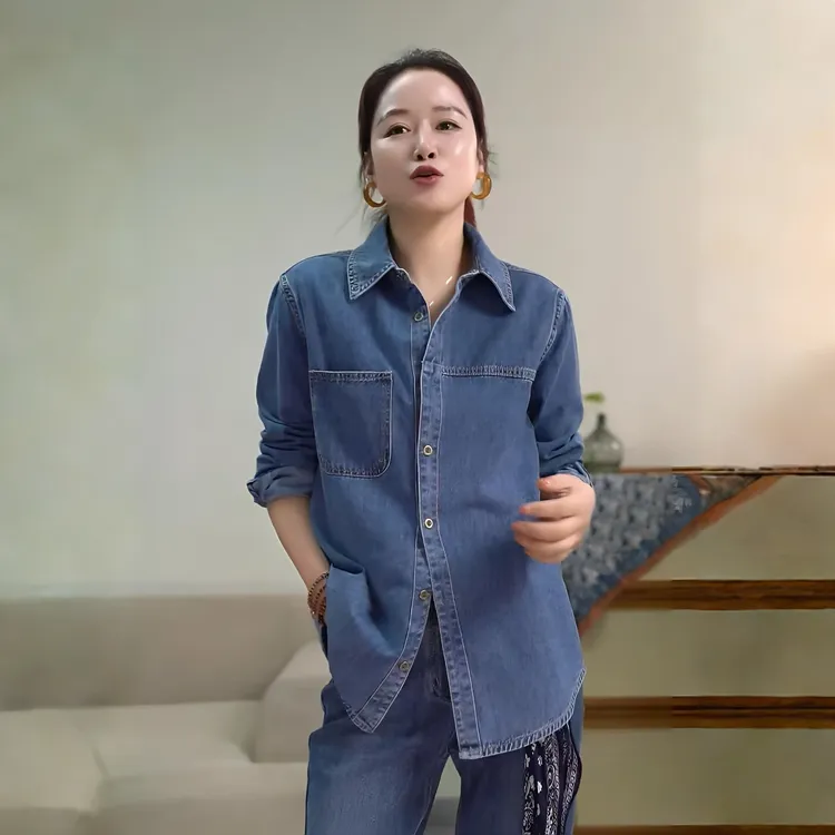 【QQNZ】复古港风翻领牛仔衬衫女秋季长袖宽松显瘦叠穿百搭时尚上衣