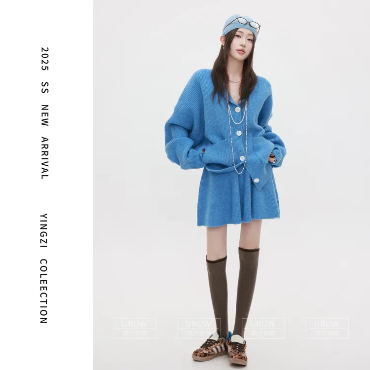 颖子定制【曼尼舞会】复古翻领纯色宽松毛衣简约针织高腰短裙2261