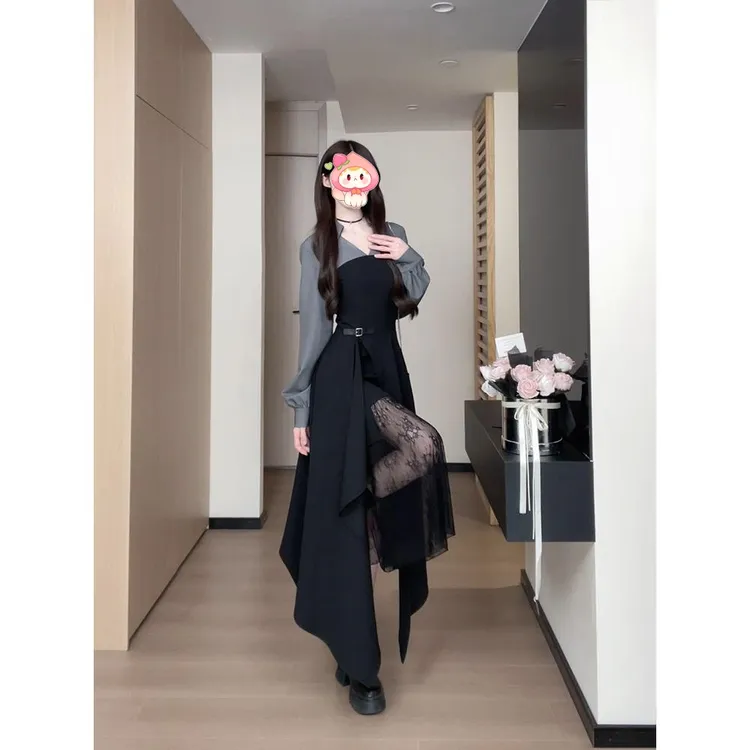 【现货】 早秋流行长袖衬衫裙蕾丝拼接不规则长裙假两件连衣裙女