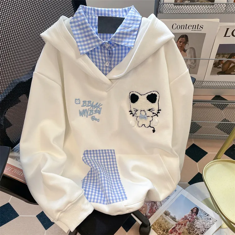 女童卫衣春秋款2025中大童洋气学院风连帽上衣女孩子假两件秋装