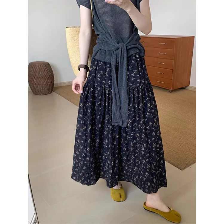 耶古韩系碎花半身裙女夏季款松紧腰复古a字伞裙小个子大摆中长裙