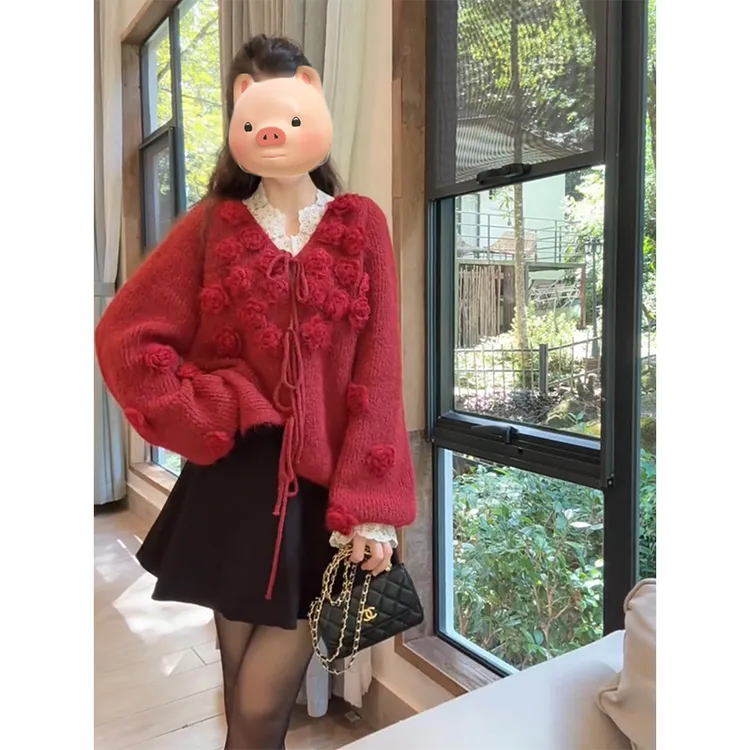 巨好看的法式立体花朵红色毛衣开衫外套女秋冬季慵懒风针织衫上衣