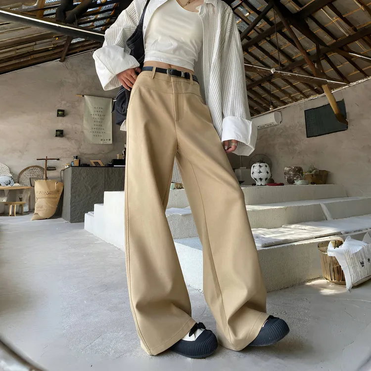 卡其色休闲直筒女2025秋季新款宽松慵懒风阔腿裤高腰黑色西装裤