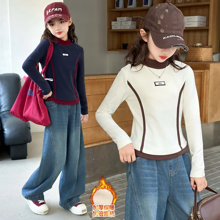 女童秋冬季加绒打底衫儿童装新款拼色半高领加厚保暖蓄热女孩内搭