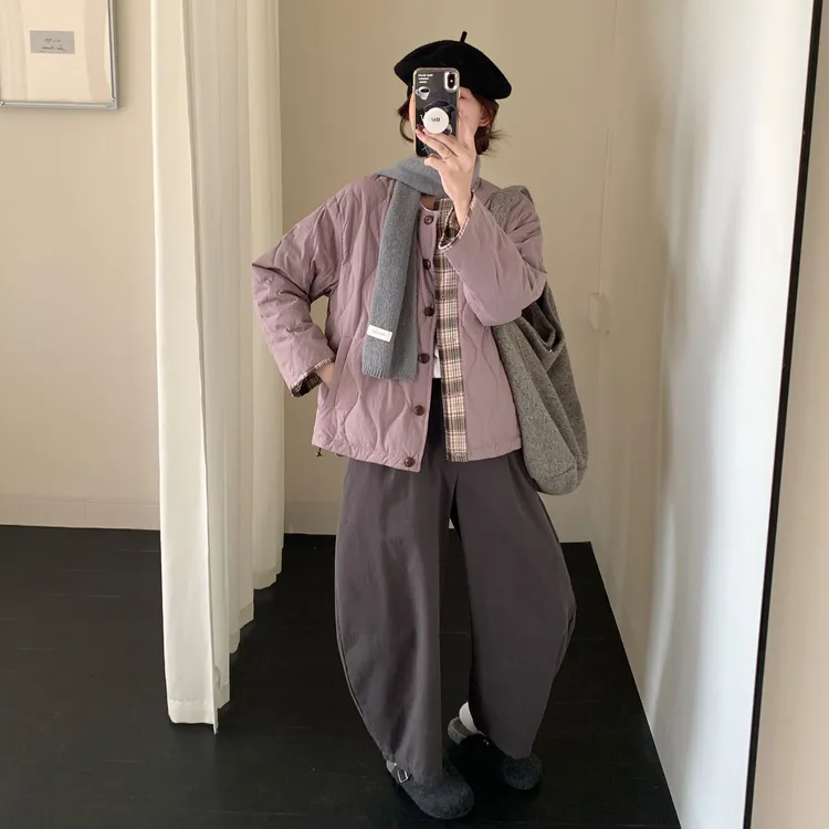 洋气轻薄菱格巨好看短款小个子保暖宽松棉衣棉服圆领显瘦百搭上衣