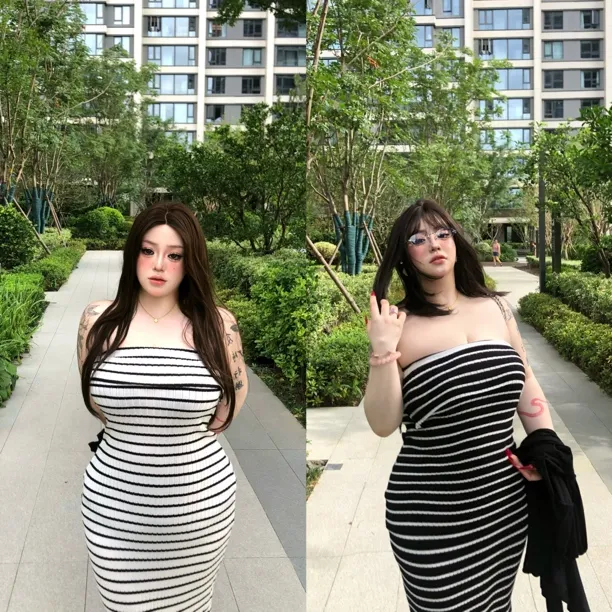 「江南美人」甜崽颖宝微胖mm大码条纹针织抹胸包臀长裙连衣裙