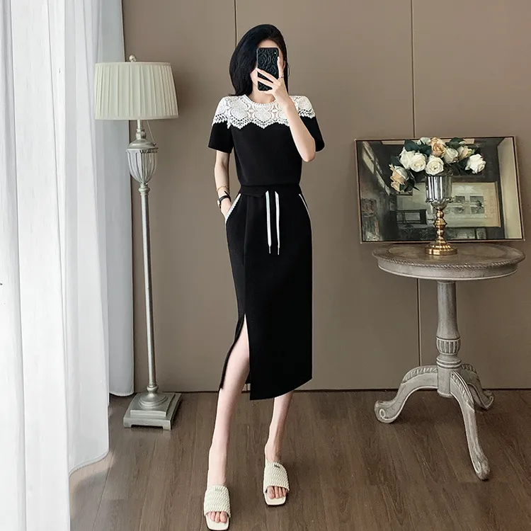 高级感时尚套装裙女夏运单风黑色复古显示短袖半身裙一整套小香风